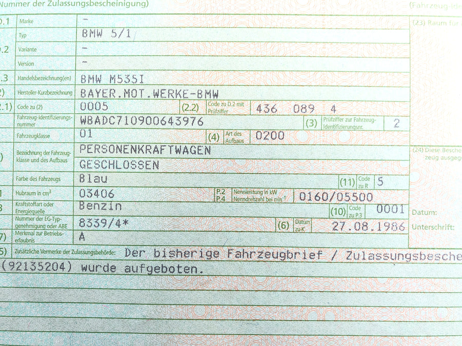 BMW M 535i E28 [1986] - Radhaus med chassisnummer og papirkrop