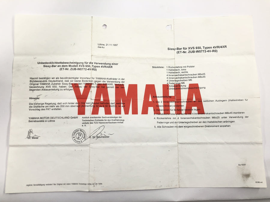 Yamaha XVS 650 4VR [1997] - Sissybar ryglæn pillion hvile med certifikat krom
