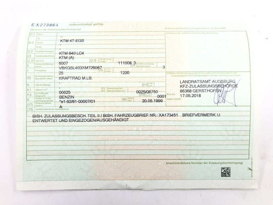 KTM 640 LC4 EGS [1999] - Ramme hovedramme med køretøjets registreringsdokument